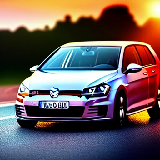 Prompt: a car VW Golf GTI in middle of road, Germany, city sunset, cinematic color, photorealistic, highly detailed, bokeh