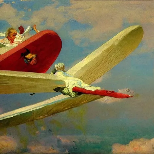 Prompt: zepplins with wings, brightly coloured oil on canvas, by ilya repin