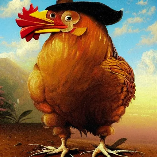 Prompt: a chicken holding a shotgun, digital painting by Thomas Kinkade and Leonardo Da Vinci