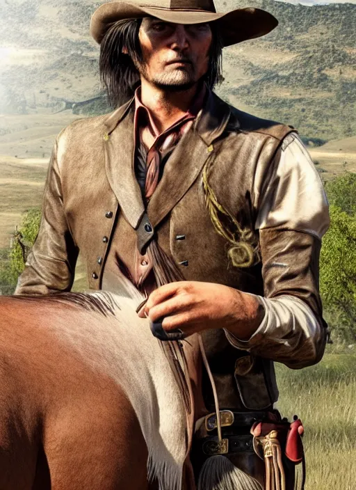 Prompt: a horse dressed as John Marston