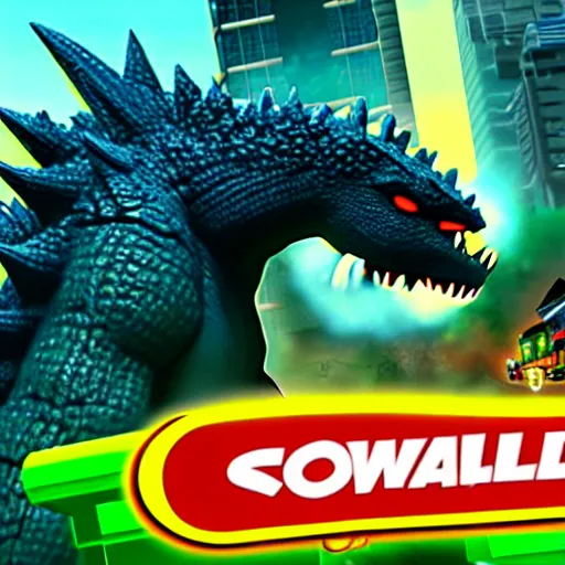 Prompt: an in-game screenshot of Godzilla as a playable skin in Subway Surfers, as coherent as Dall-E 2