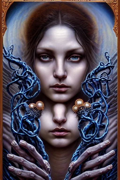 Image similar to A beautiful detailed goddess woman with 6 arms super dark tarot card, gorgeous model face by Stanley Artgerm, by tomasz alen kopera and Justin Gerard, 4 eyes, beautiful symmetrical features, ominous, magical realism, texture, intricate, ornate, royally decorated, melting, whirling smoke, embers, blue adornements, blue torn fabric, radiant colors, fantasy, trending on artstation, volumetric lighting, micro details, 3d sculpture, ray tracing, 8k, anaglyph effect