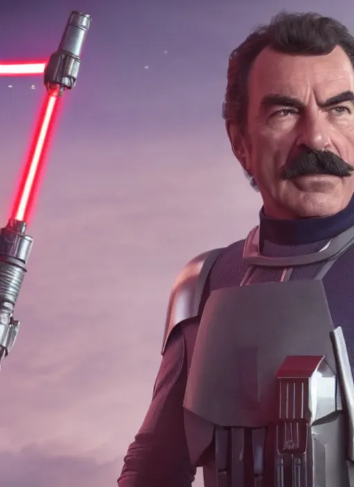 Prompt: film still of tom selleck as cal kestis in star wars jedi fallen order, gameplay, 8 k, hd