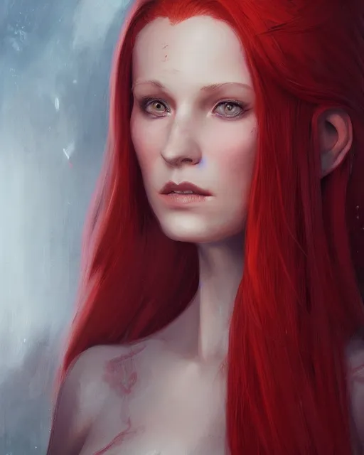 Image similar to a detailed matte oil on canvas head on symmetrical portrait of a distinguished elven woman with red hair on an empty background, by charlie bowater, wlop, trending on artstationhd, dungeons and dragons art, critical role