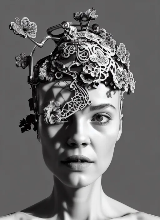 Image similar to monochrome 3 d model, biomechanical young female cyborg with porcelain profile face and a big floral eye, big leaves foliage and stems, hibiscus flowers, boho floral vines, sinuous fine roots, fine filigree foliage lace, alexander mcqueen, rim light, art nouveau fashion pearl embroidered collar, steampunk, redshift render, 8 k