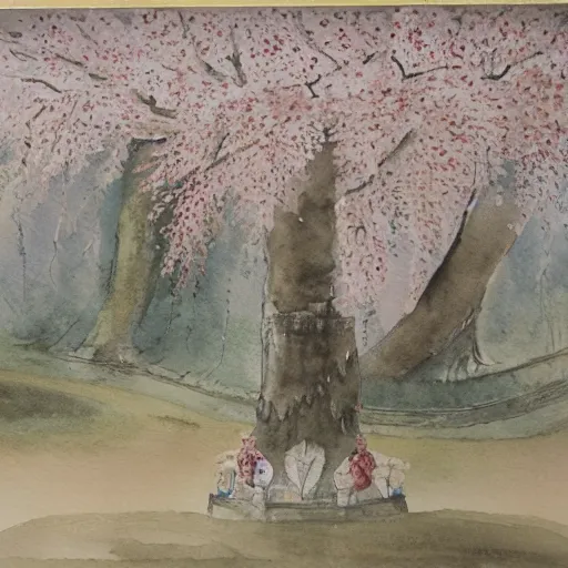 Image similar to a palace chamber filled with cherry blossom trees, watercolour