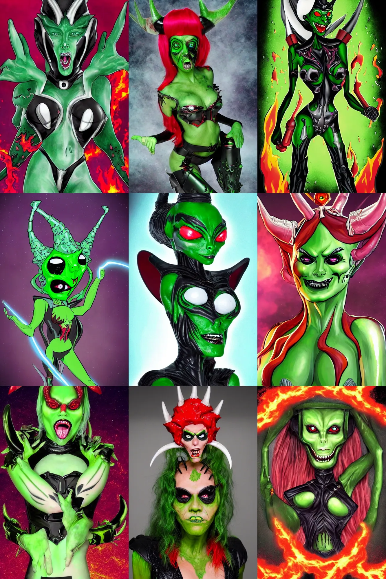 Prompt: lord dominator is an alien woman with green skin, black tears under her red eyes, white hair, and a black helmet with lava horns