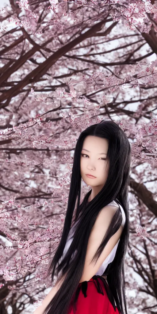 Prompt: a beautiful detailed render of an attractive japanese female with long black hair covering part of her face and wearing a seifuku, standing next to a beautiful cherry blossom tree, centered, trending on artstation and deviantart and behance, extreme detailing, dim dusk lighting, cinematic lighting, detailed lighting, volumetric lighting, realistic, f 8, 4 k hd wallpaper