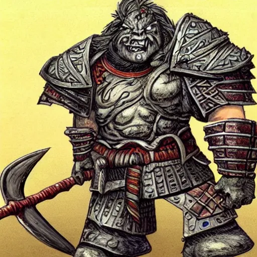 Image similar to ogre warrior wearing plated armor who is holding a battle axe in the style of warhammer fantasy : : head and torso drawing