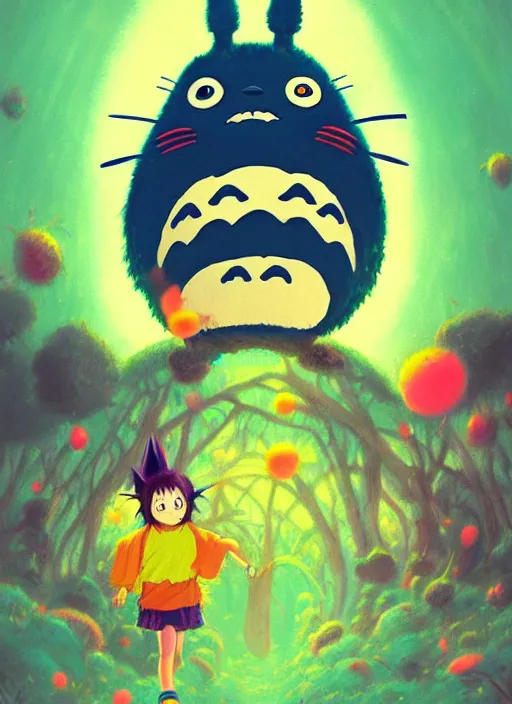 Prompt: A psychedelic portrait of my neighbor totoro, vibrant color scheme, highly detailed, in the style of romanticism, cinematic, artstation, Greg rutkowski