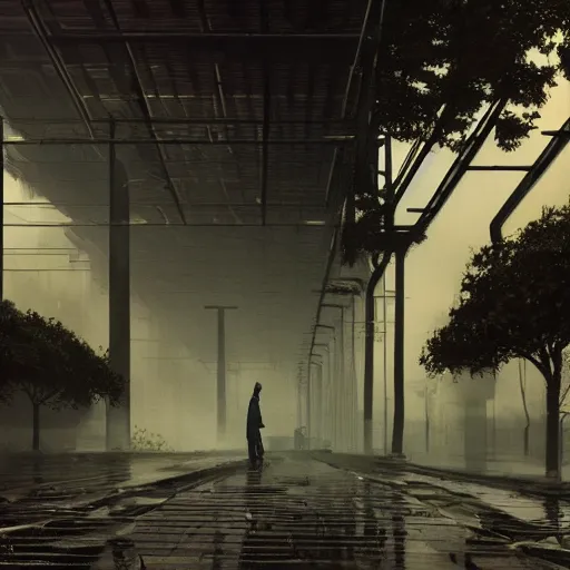 Image similar to raining dark smog dieselpunk dystopia makoto shinkai corrogated steel walkway