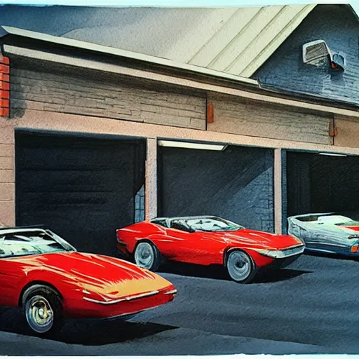 Prompt: detailed details photorealistic pictures of car garage in the style of bob peak and alex ross, gouache and wash paints color, detailed details facial and body and human and environments and proportionate, detailed 5 k details.