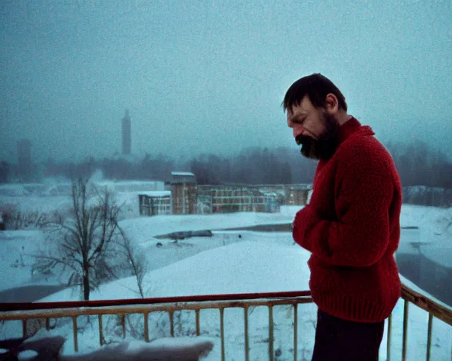 Image similar to lomographic tarkovsky film still of 4 0 years russian man with beard and sweater standing on small hrushevka 9 th floor balcony full with cigarette smoke in winter taiga looking at sunset, cinestill, bokeh