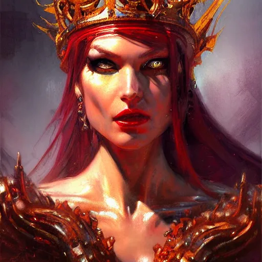 Prompt: attractive i robot demon queen with crown and red eyes, painting by gaston bussiere, craig mullins, luis rollo, close - up portrait, digital painting, highly detailed, artstation, sharp focus, illustration, concept art, hd