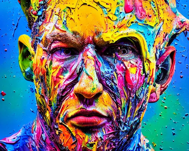 Image similar to abstract expressionist portrait of a head showing strong negative emotions painted with very thick impasto paint and acrylic pour and coloured powder explosion and splashing paint and dripping paint and flying paint chunks, motion blur, hyperrealistic, intricate art photography, anatomically correct, realistic crisp textures, 1 6 k