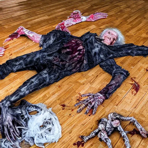 Image similar to an ultra realistic 8 k hdr photo of an elderly jagged raggedy witch woman circled up on the floor over a corpse with blood and meat and bones and mold and spider webs