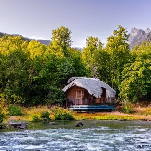 Image similar to A cottage on a river bank Surrounded by trees and mountains in the background and beach chairs and trees in the foreground and