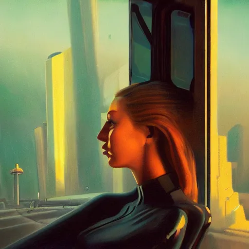 Prompt: detailed face of a woman, clockwork, moment, tectonic sky, skydome, bullet train, turbines, utopian, tech noir, wet reflections, prism, atmospheric, ambient, pj crook, syd mead, livia prima, greg rutkowski, emma uber, edward hopper