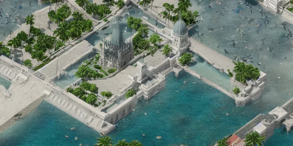 Prompt: hungarian parliament underwater-beach, palm trees behind, aerial shot, real photography, unreal-engine, 4k, highly detailed, trending on ArtStation, CGSociety