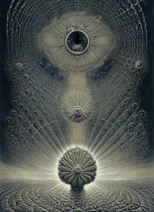 Prompt: antediluvian occult cosmology, panspermia, by remedios varo and daniel arsham and robert hooke and ernst haeckel and agostino arrivabene and joaquin sorolla and martin johnson heade, rule of thirds, vivid colours, negative space, atmospheric, digital painting, artstation, concept art, smooth, sharp focus