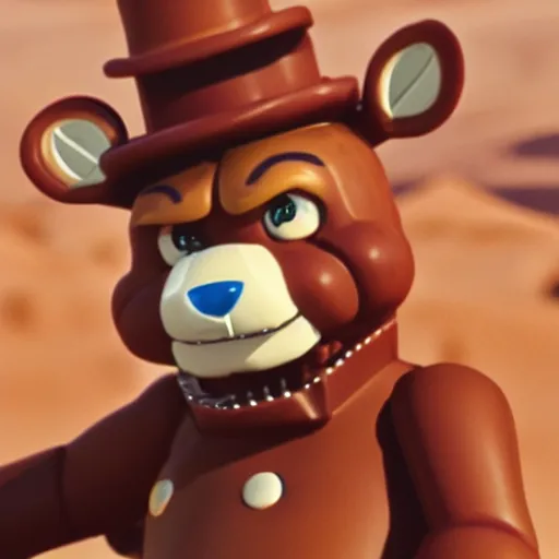 Image similar to Closeup of Freddy Fazbear in the Sahara desert, award winning Tarantino movie still, 35 mm, cinematic