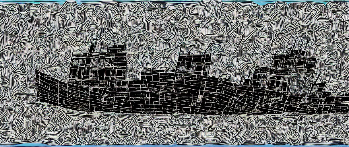 Image similar to an abandoned ship in the aral sea desert, in the style of daniel johnston and outsider art, 8 k, line brush, overlaid with chinese adverts