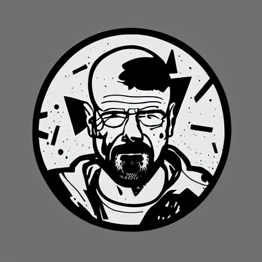 Image similar to die cut sticker, walter white breakdancing in techwear splatter paint