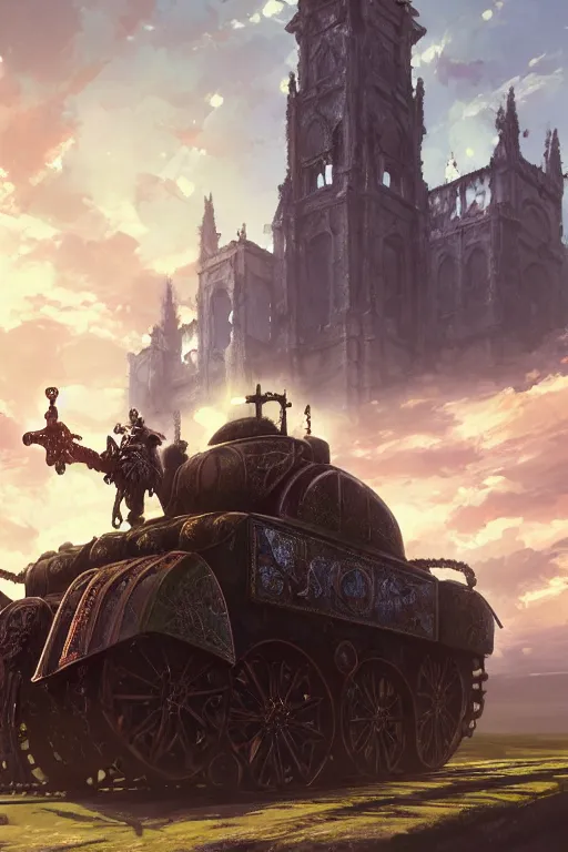 Image similar to a mobile driving ornate cathedral church as tower mounted on a tank with chain drive, warhammer 4 0, scene in an open field. key visual, conceptart, ambient lighting, highly detailed, digital painting, artstation, concept art, sharp focus, by makoto shinkai and akihiko yoshida and kris kuksi