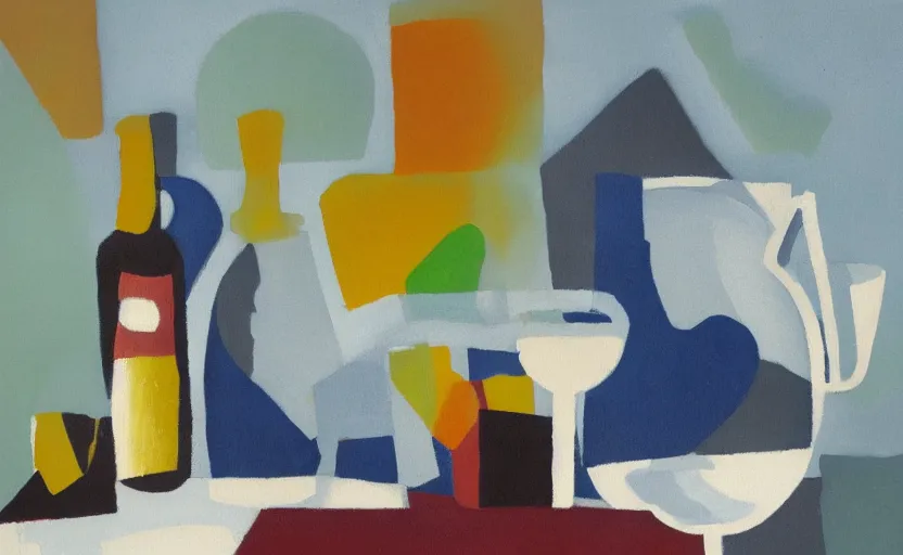 Prompt: abstract oil painting on paper of a still life, with a white mug, white wine bottle, wine glass, on a table, in the style of john craxton, similar aesthetics to ivon hitchins