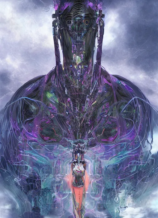 Image similar to basilisk of roko and the awakening of an ai with consciousness, surreal technological conceptual art magical cybernetic realism horro visions distopic and utopic art