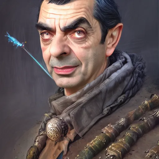 Image similar to Mr Bean as a fantasy D&D character, portrait art by Donato Giancola and Bayard Wu, digital art, trending on artstation, 4k