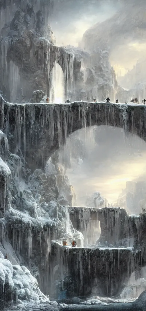 Prompt: a gigantic PALACE made of CRYSTAL stone with arches and bridge on top of a WATERFALL in the SNOW , blizzard, a small stream runs beneath the waterfall, landscape, raphael lacoste, eddie mendoza, alex ross, concept art, matte painting, highly detailed, rule of thirds, dynamic lighting, cinematic, detailed, denoised, centerd