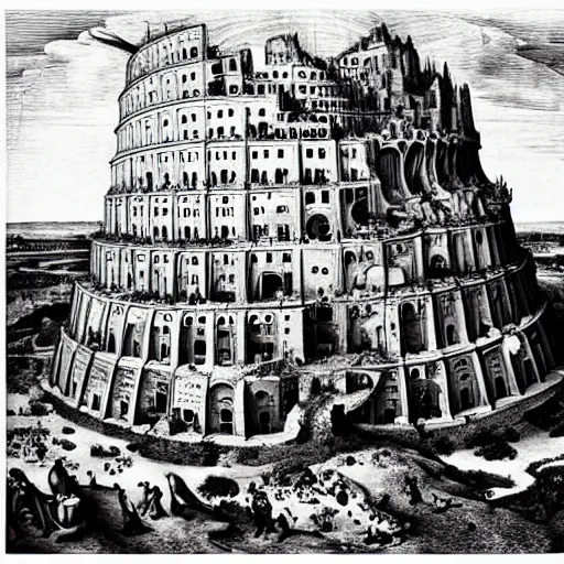 Image similar to The Tower of Babel by Bruegel, drawn by Salvador Dali