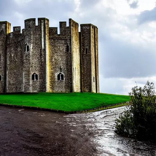 Image similar to Dover castle surrounded by floodwater, England, dramatic lighting, god rays, cinematic, epic, HDR