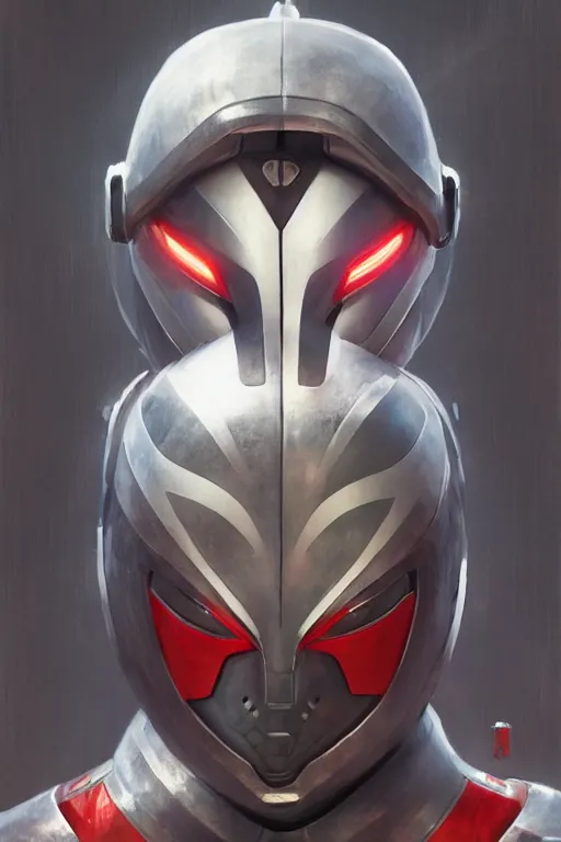 Image similar to portrait of a ultraman with japanese armor and helmet,, symmetrical, art by greg rutkowski, matte painting, trending on artstation