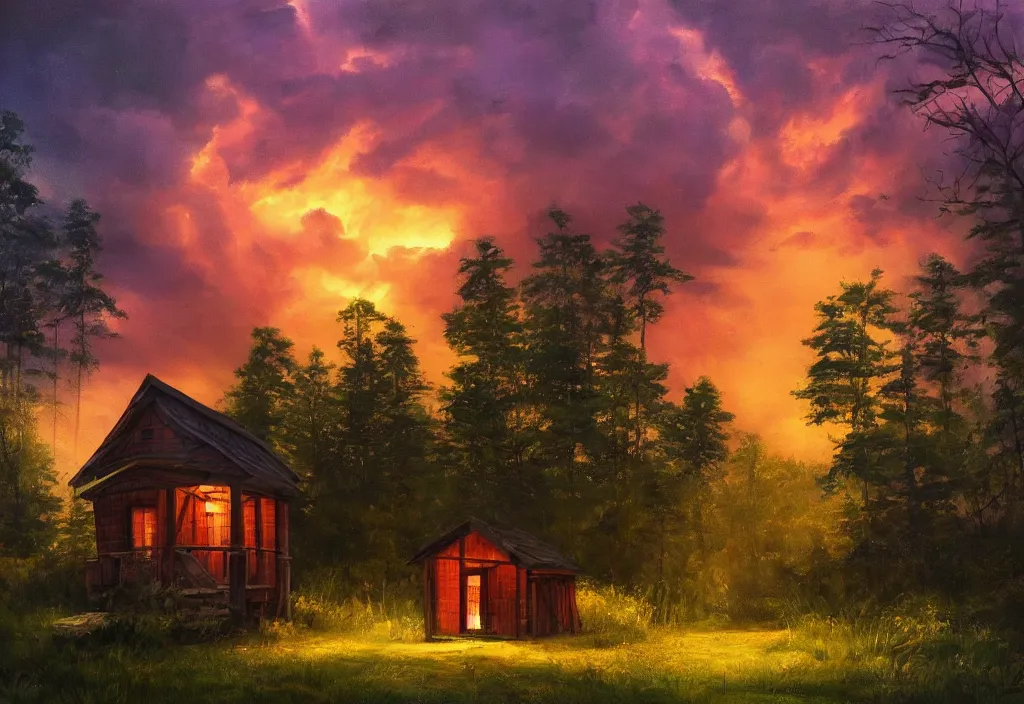 Prompt: small wooden house in the woods, there is lanterns around illuminating the environment, cinematic lightning, dramatic, clouds, sky, the time of day is sunset, highly detailed, oil painting,