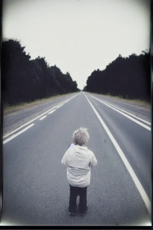 Image similar to photo polaroid of a sad and lonely child in the middle of a road with field hospitals around, pandemic, loneliness, black and white ,photorealistic, 35mm film,