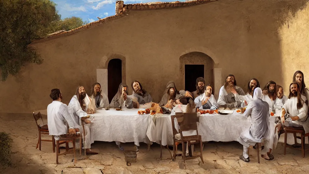 Image similar to humans with cat heads dressed in suits sitting around a table in the scene of the last supper, under the porch of a typical portuguese house, with typical alentejo landscape in the back, sunny morning, matte painting, oil canvas, photorealistic illustration, extreme detail, hyper realistic, highly detailed, digital art