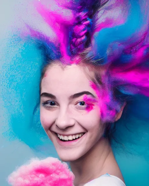 Prompt: a dramatic lighting photo of a smiling beautiful young woman with cotton candy hair. paint splashes. with a little bit of cyan and pink