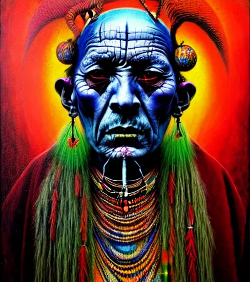 Image similar to Portrait painting in a style of Beksinski mixed with Alex Grey of an old shaman dressed in a colorful traditional clothes.