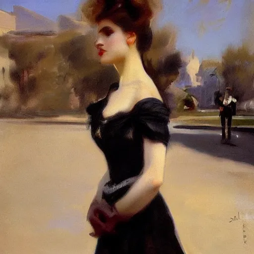 Prompt: a portrait headshot matte painting of beautiful woman in dress walking on street by John Singer Sargent, fine details