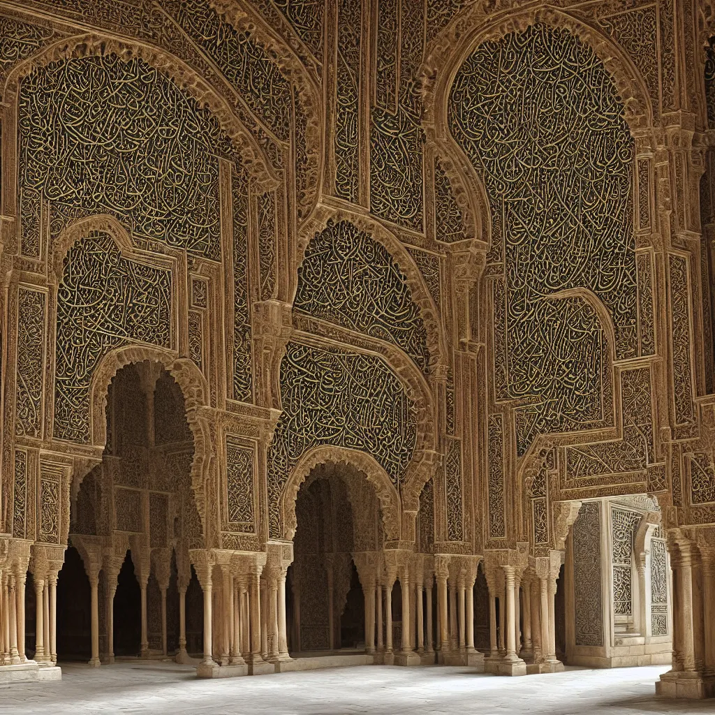 Prompt: entrance to the ultimate grand library, overgrown ivy plants, piles of books, scrolls, ancient, old world, ultradetailed photorealistic, alhambra inspired muslim architecture