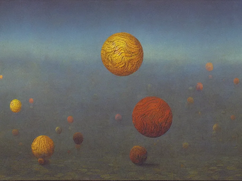 Prompt: phosphorescent, iridescent, psychedelic, marbled sphere floating in row to infinity above the hell pit mines. painting by caspar david friedrich, agnes pelton, max ernst, bosch.