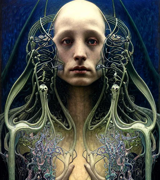 Image similar to detailed realistic beautiful young medieval alien robot grimez face portrait by jean delville, gustave dore and marco mazzoni, art nouveau, symbolist, visionary, gothic, pre - raphaelite. horizontal symmetry by zdzisław beksinski, iris van herpen, raymond swanland and alphonse mucha. highly detailed, hyper - real, beautiful, fractal baroque