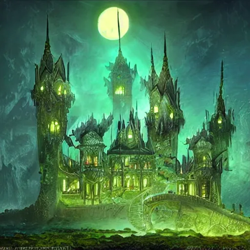 Prompt: massive underwater palace made of glowing green crystals with an eerie village in the moonlight, high fantasy, matte painting, dark and gloomy, concept art