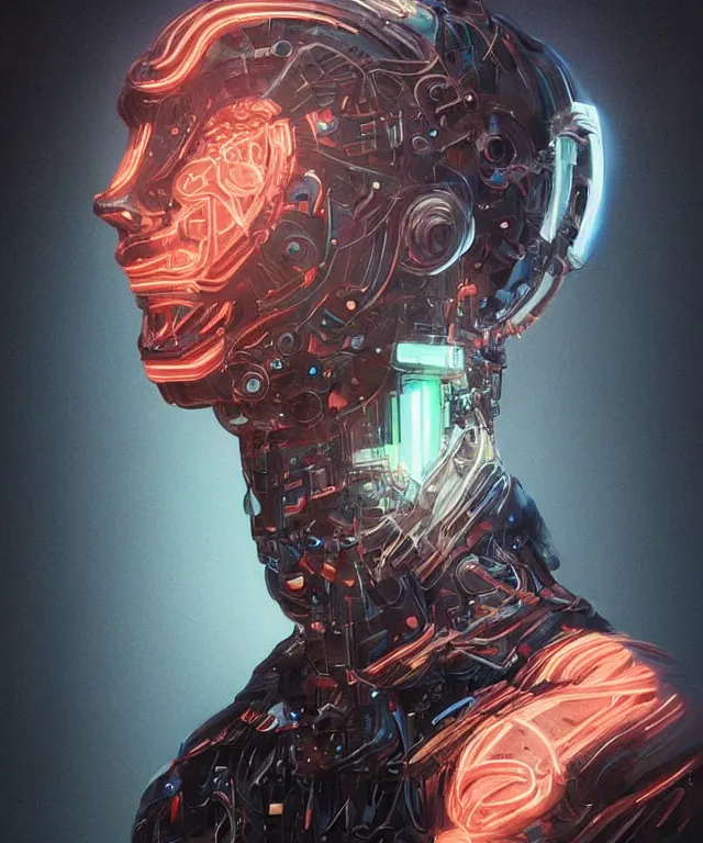 Image similar to a man turning into an Android portrait wearing a part cybernetic body, surrealism , scifi, intricate, elegant, sharp eyebrows, highly detailed cybernetic body, neon glowing eyes, digital painting, artstation, concept art, smooth, sharp focus, illustration, art by Artgerm and moebius and Peter Mohrbacher