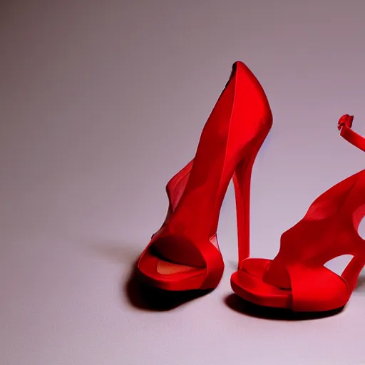 Image similar to studio photograph of a pair of beautiful open toe heels, red color scheme, vivid lighting, photorealist, 4 k