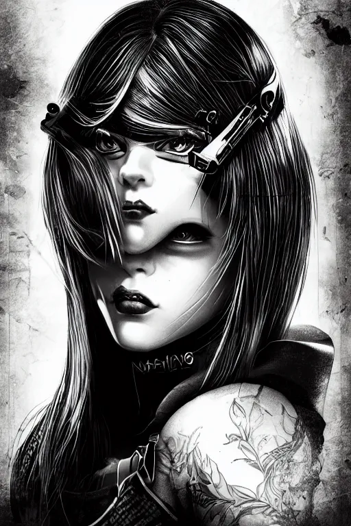 Image similar to heroine, beautiful,vintage ink style, cyberpunk female Ninja,ultra detailed, digital art, 8k ,character ,realistic, portrait, hyperrealistic