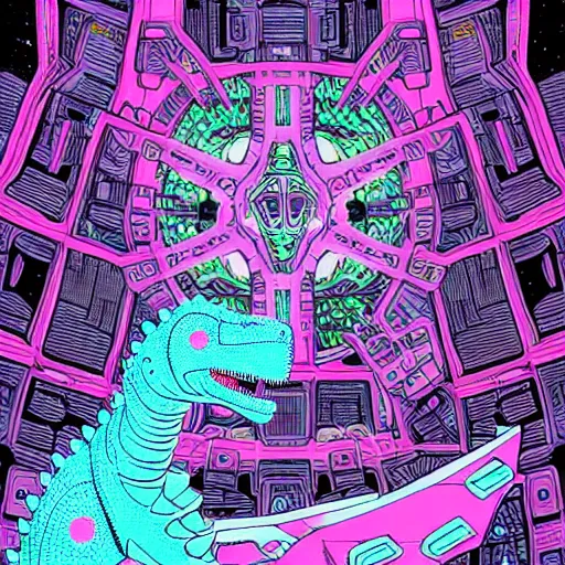 Prompt: beautiful detailed comic illustration, psychedelic fractals and robot mecha dinosaurs, cyberpunk, white, pink, blue, turquoise, orange, pastels