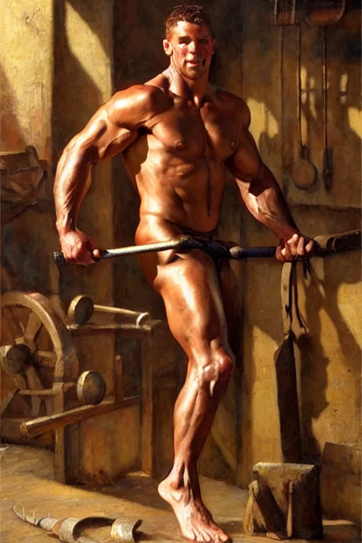 Image similar to muscular sweaty male blacksmith, forgehouse painting by gaston bussiere, craig mullins, j. c. leyendecker, tom of finland